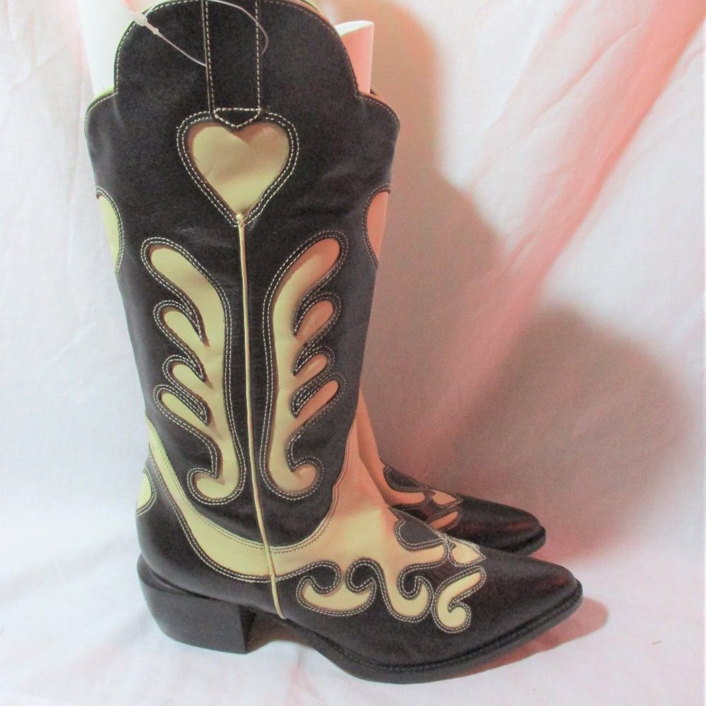 Brighton Black and Cream Heeled Cowboy Boots